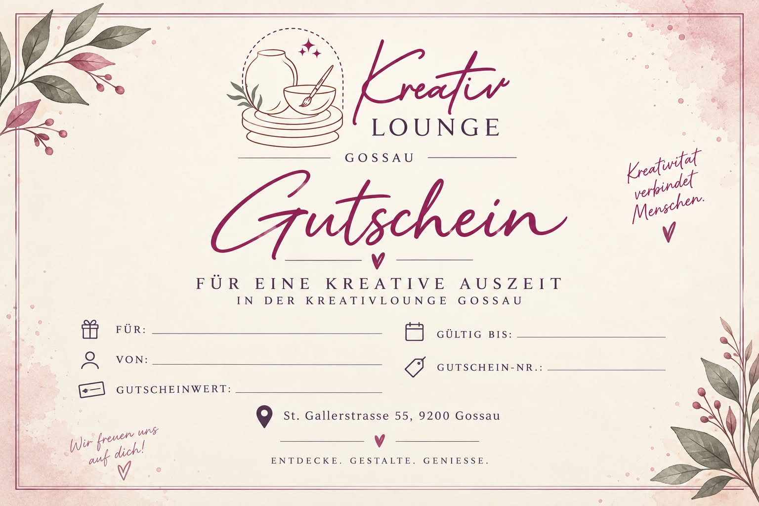 Gutschein der Kreativlounge Gossau mit dem offiziellen Logo, floralen Verzierungen und Feldern für Name und Gutscheinwert.